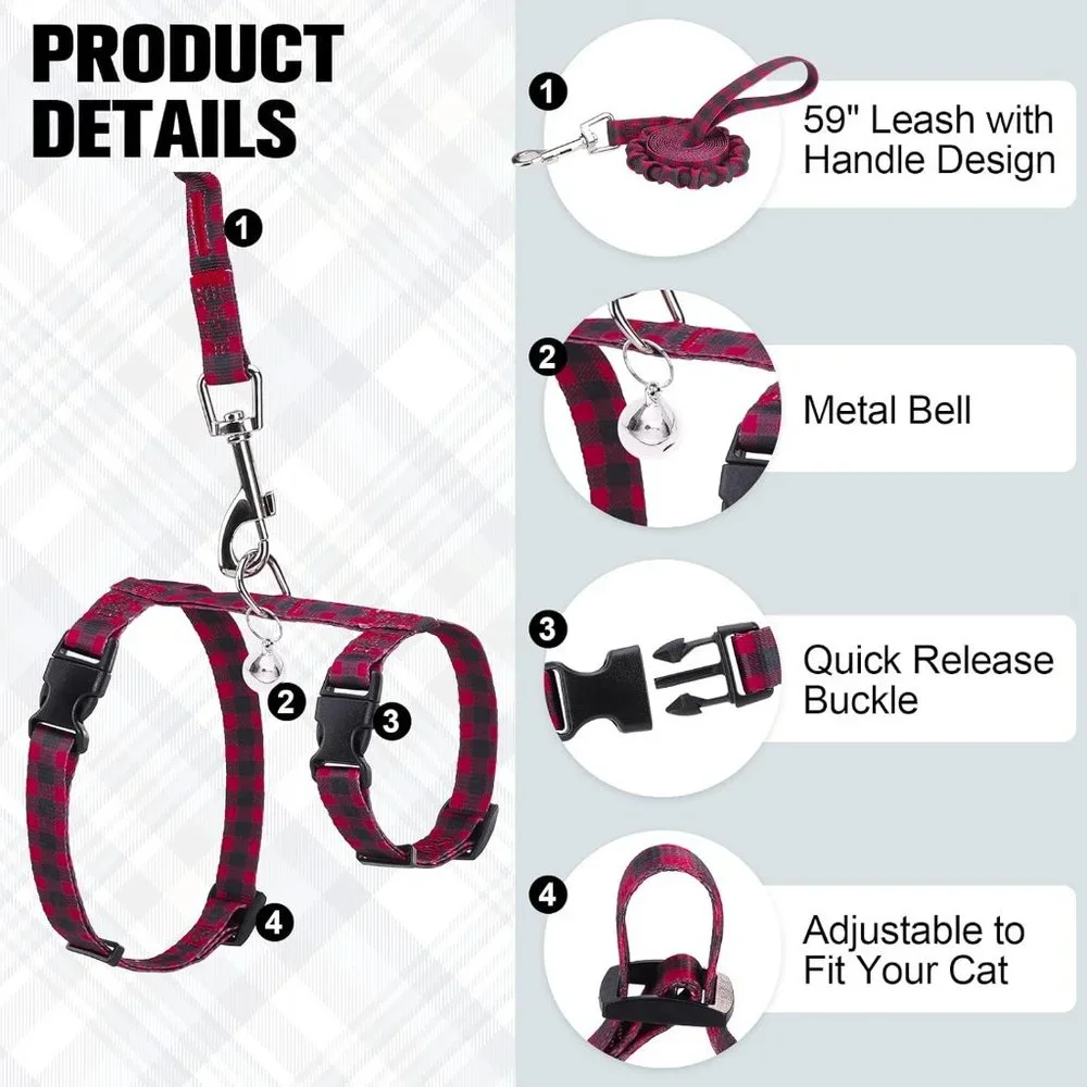 Breathable Plaid Ribbon Nylon Adjustable Escape Proof Cat Harness Leash Small